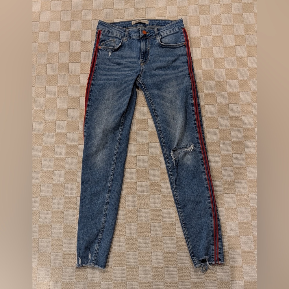 Zara Blue Skinny Jeans with Red Stripes Size 4